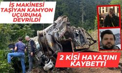 İŞ MAKİNESİ TAŞIYAN KAMYONUN UÇURUMA DEVRİLDİ