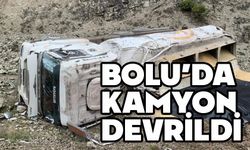 Bolu'da yem yüklü kamyon devrildi