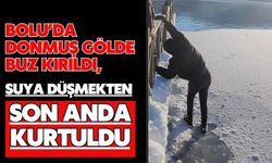 Bolu'da donmuş gölde buz kırıldı, suya düşmekten son anda kurtuldu