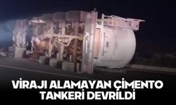 Virajı alamayan çimento tankeri devrildi