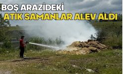 Boş arazideki atık samanlar alev aldı