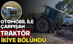 Otomobil ile çarpışan traktör ikiye bölündü