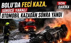 Bolu'da devrilen otomobil yandı