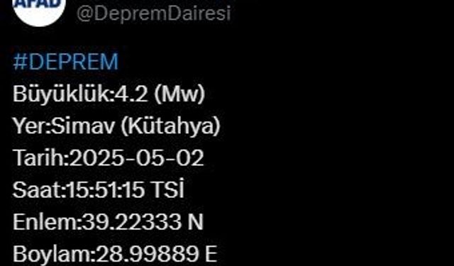 Kütahya'da 4,2 büyüklüğünde deprem