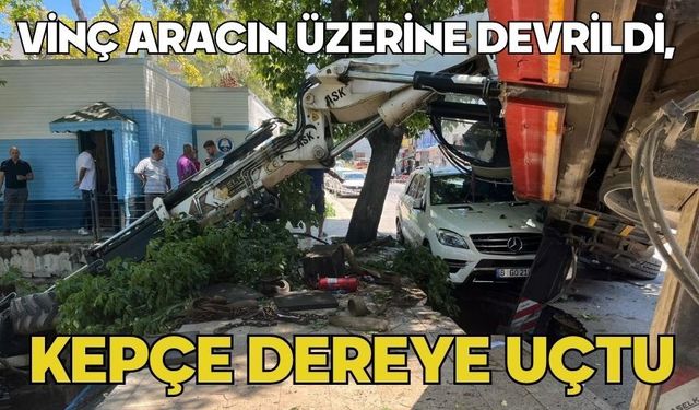 Vinç aracın üzerine devrildi, kepçe dereye uçtu: Korku dolu anlar kamerada
