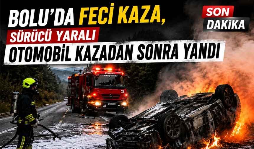 Bolu'da devrilen otomobil yandı